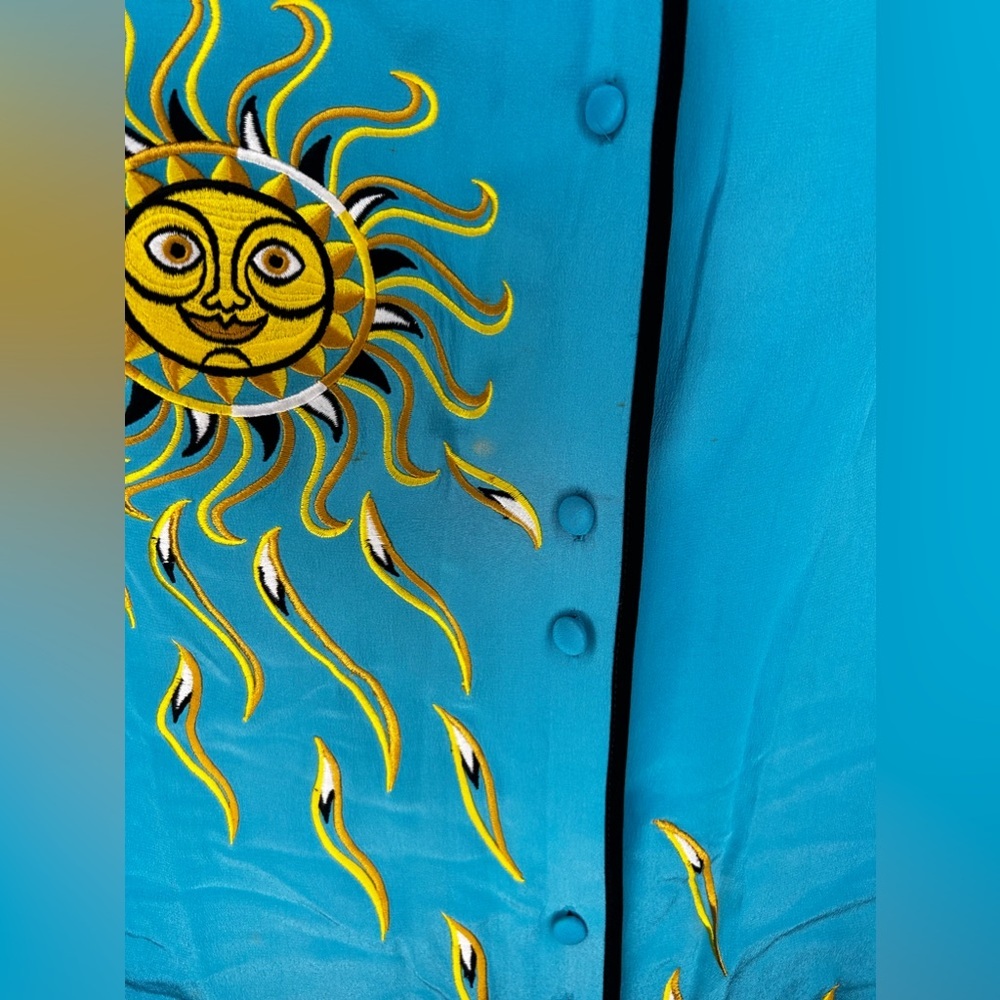 Womens Bob Mackie Blue Silk Geometric Button Down Long Sleeve Blouse Size Medium - Picture 4 of 5